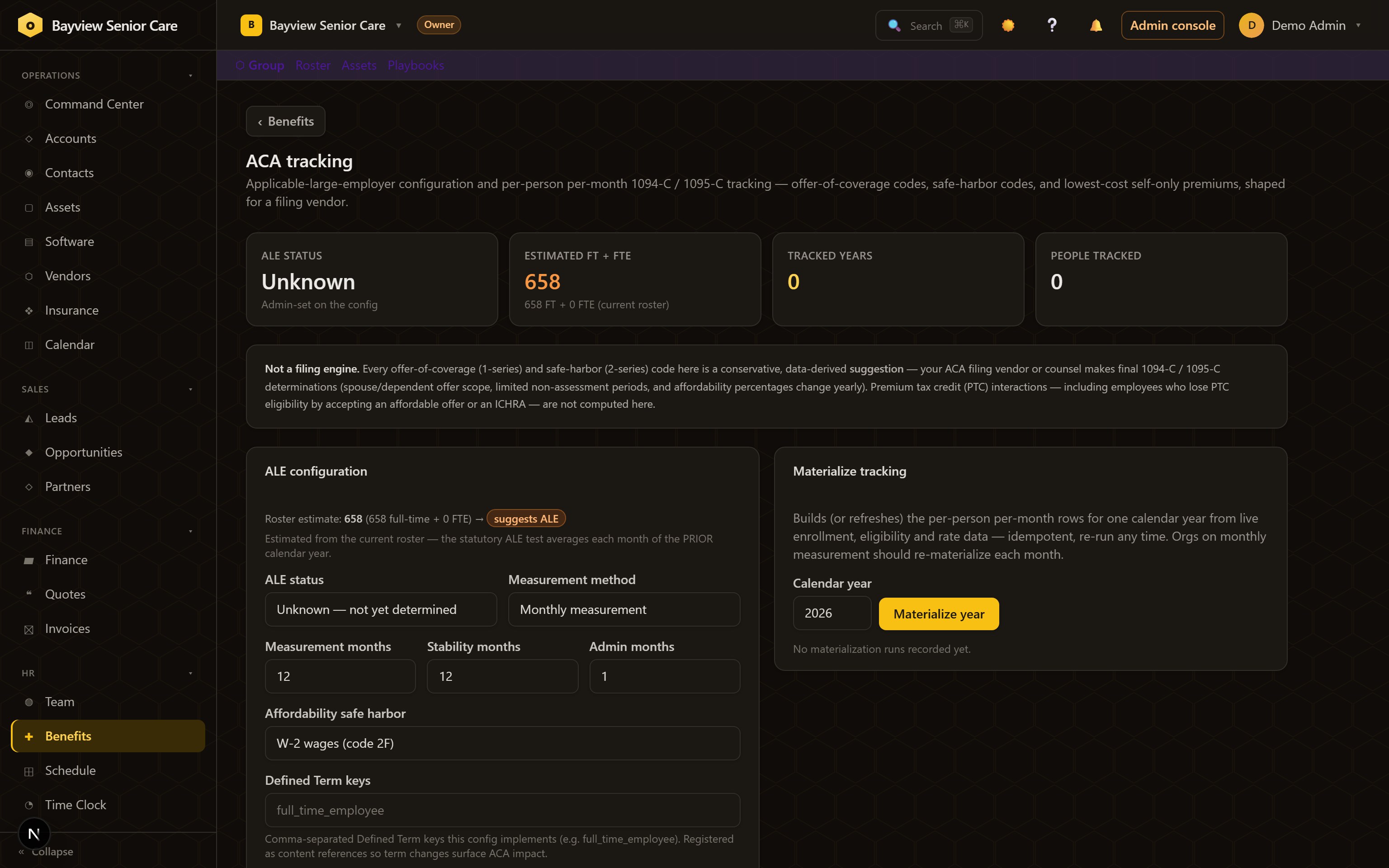 ACA tracking: ALE configuration and tracked years with per-month offer code data