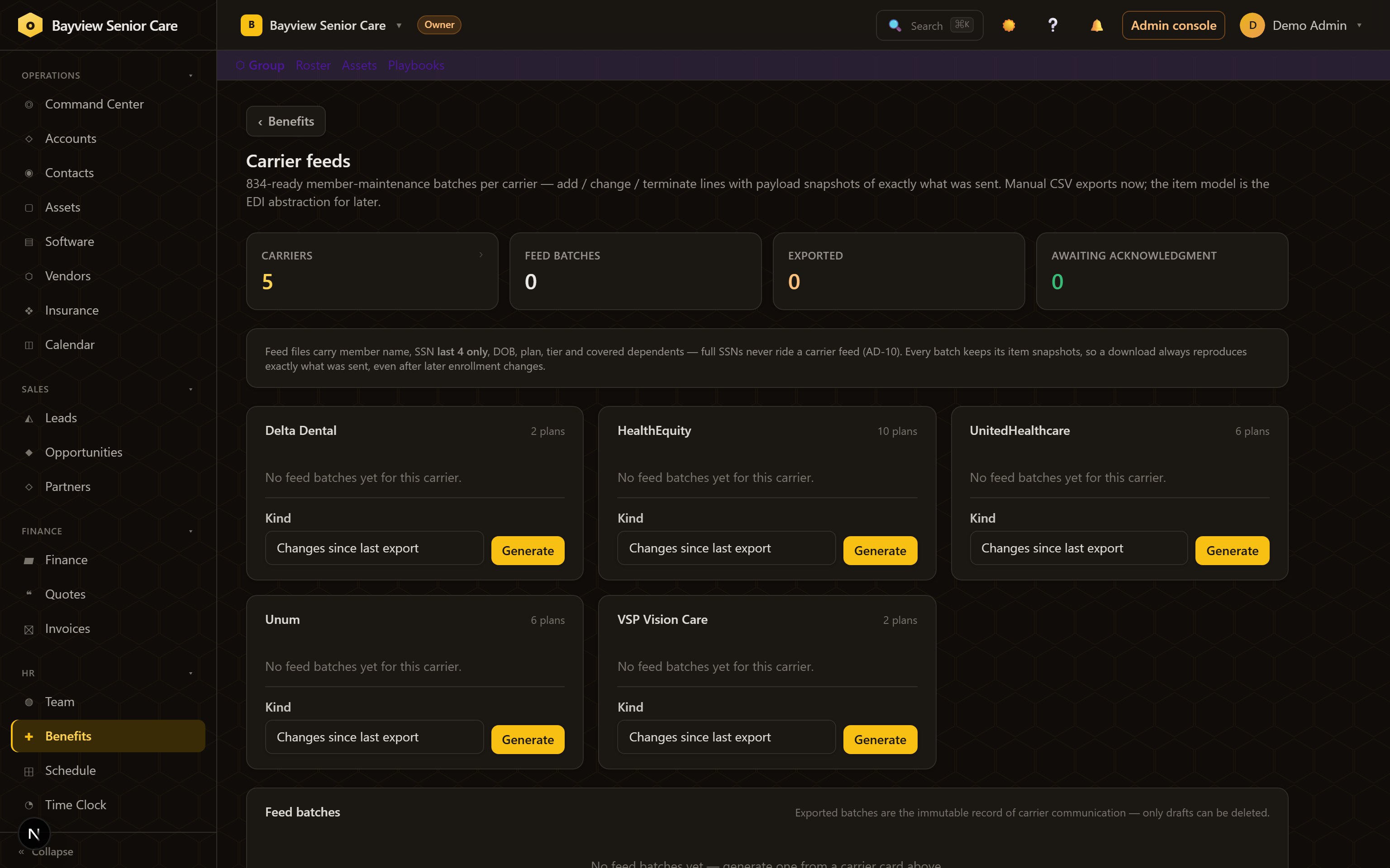 Carrier feeds: member-maintenance batches per carrier with status tracking