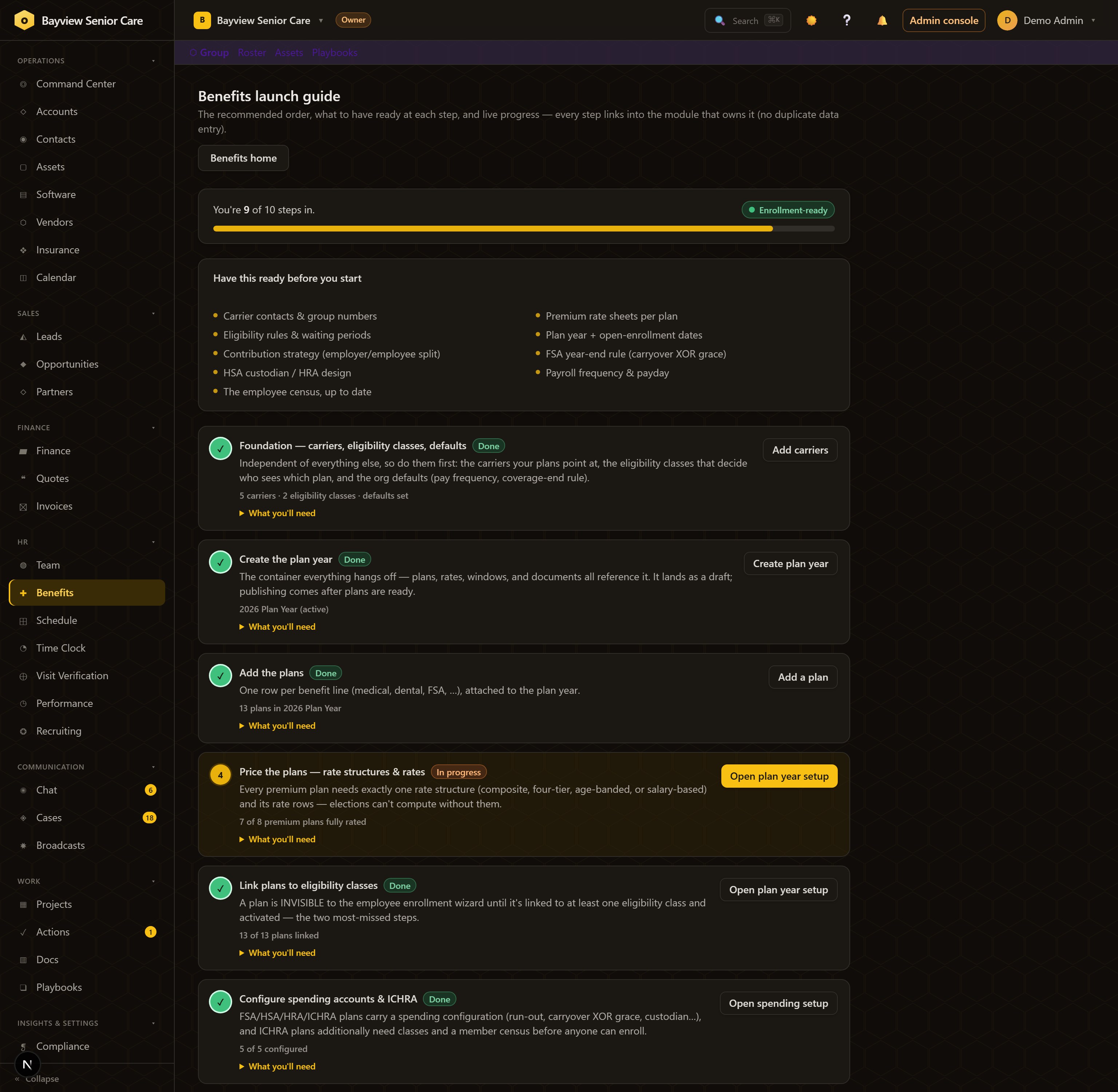 Benefits launch guide: 9 of 10 steps complete, Enrollment-ready badge, prep checklist and dependency-ordered steps with live status
