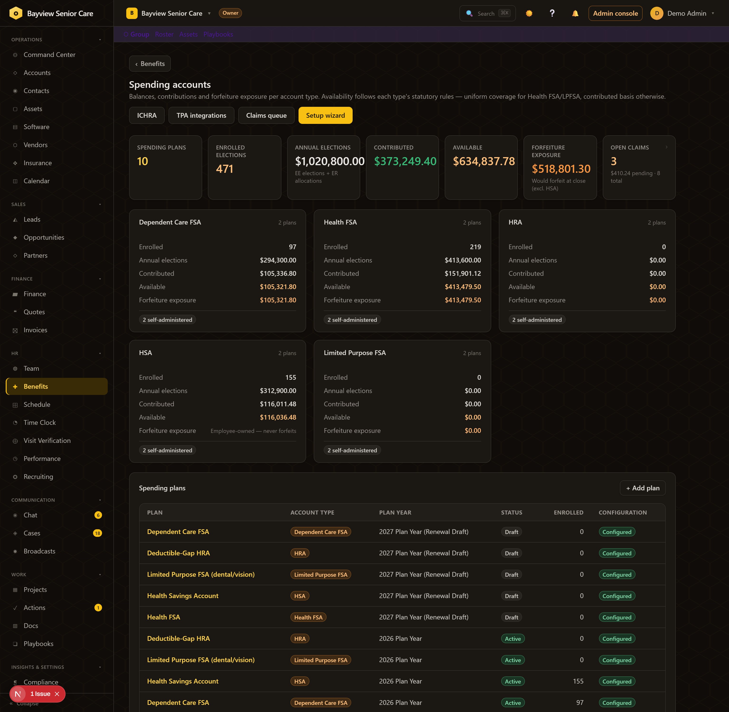 Spending accounts dashboard: FSA, HRA, HSA and ICHRA rollups with balances, contributions and claims