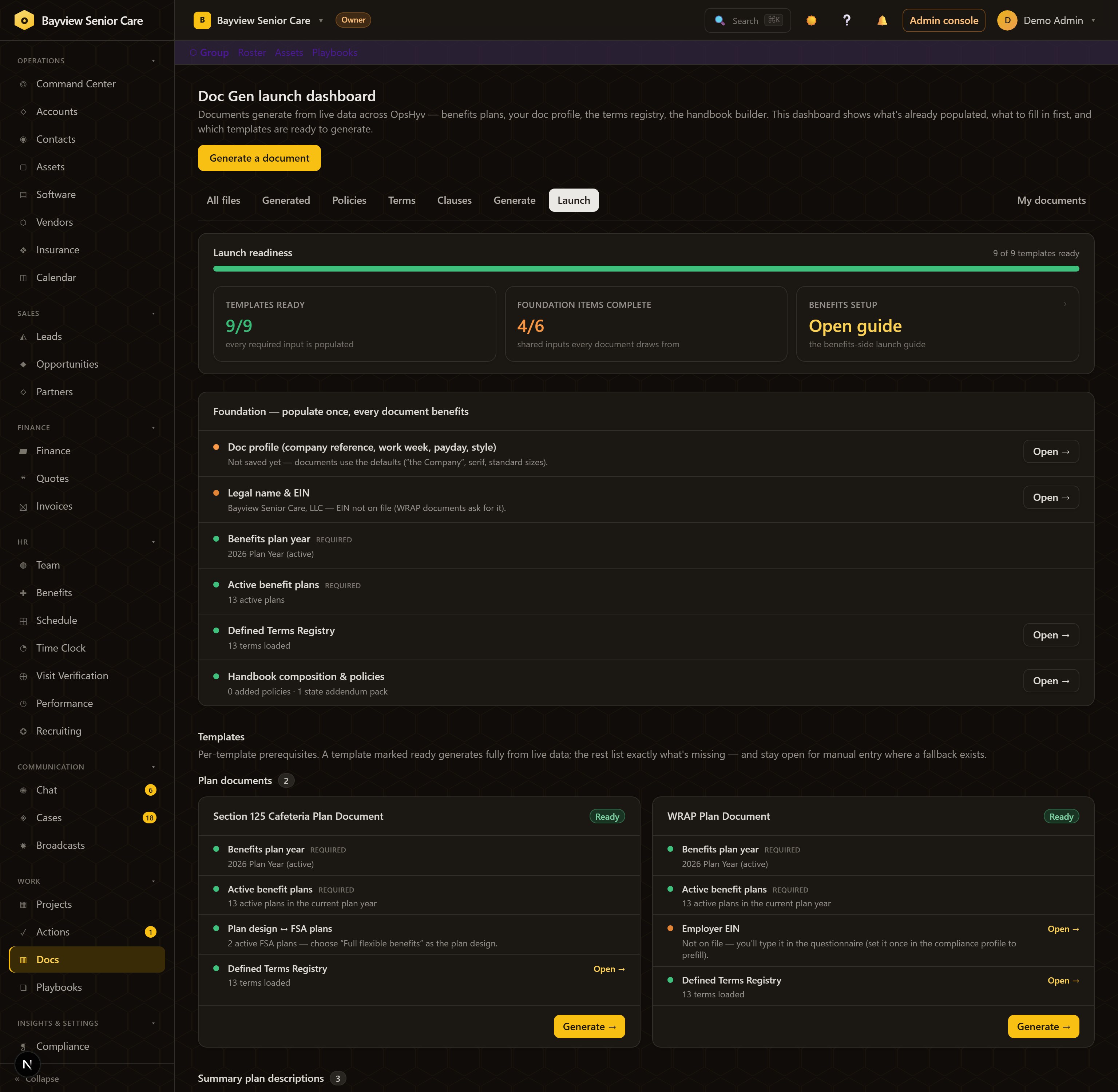 The Doc Gen launch dashboard: readiness bar, foundation checklist, and per-template prerequisites