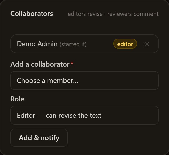 Collaborators panel with editor and reviewer roles