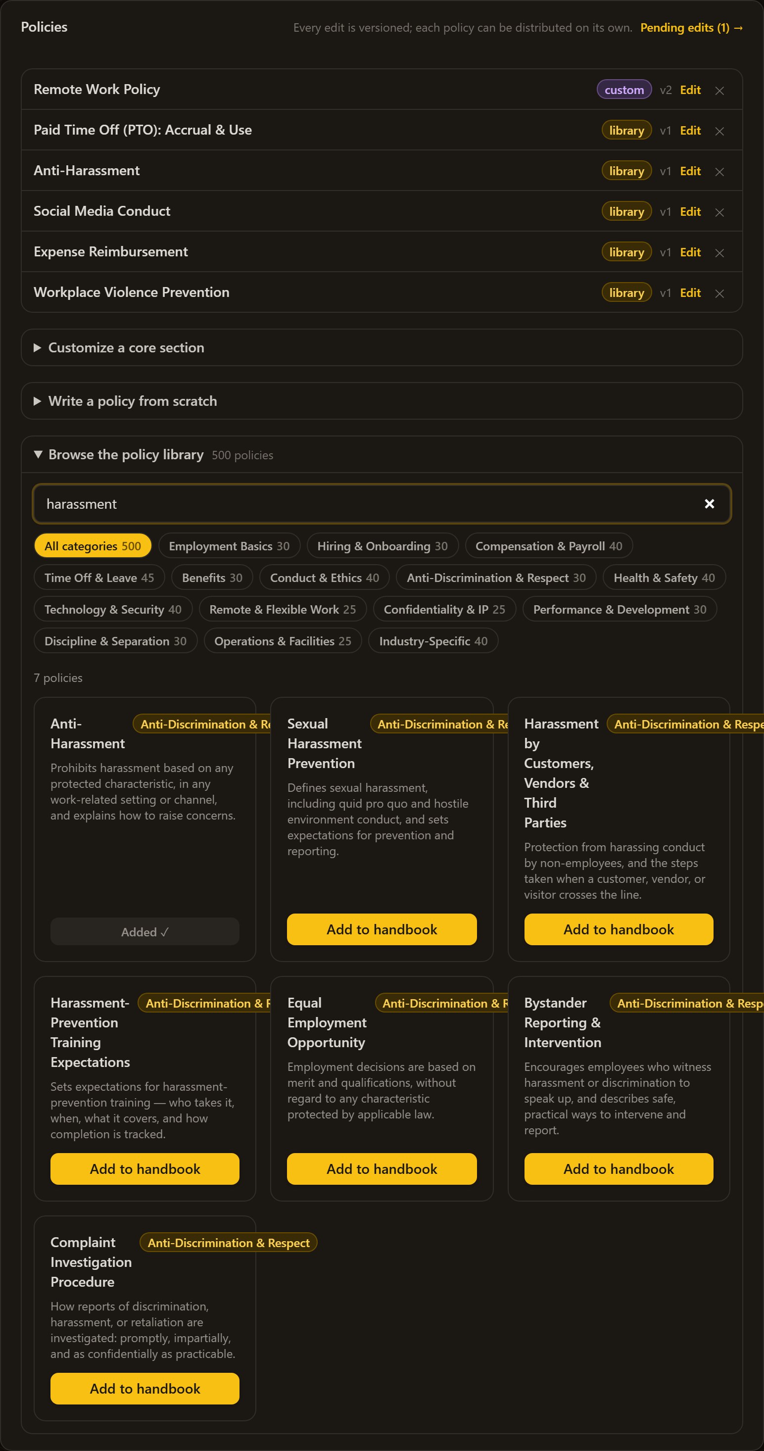 Policy library search for harassment: seven matching policies with summaries and one-click add