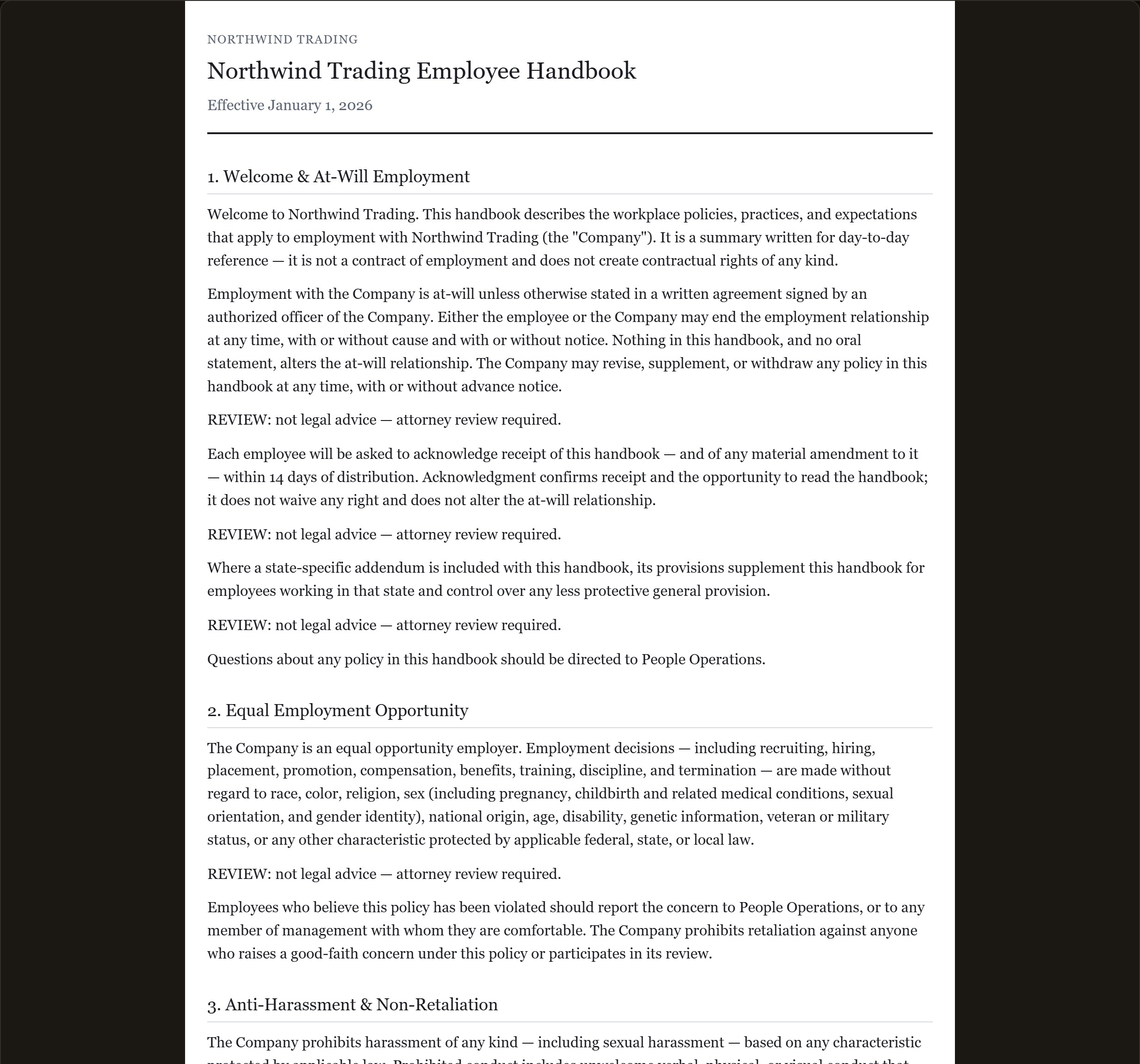 The generated Northwind Trading Employee Handbook: serif document with resolved company facts and review markers