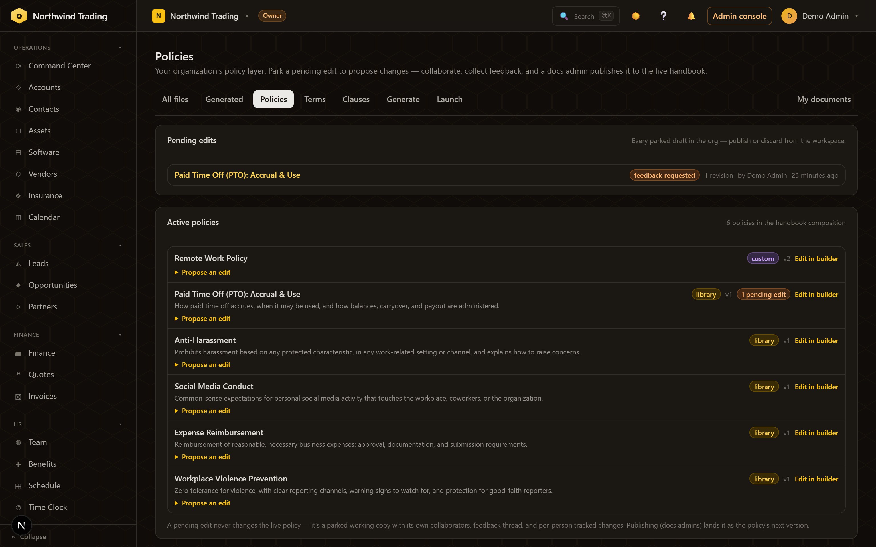 The Policies page: a feedback-requested pending edit above six active policies, each with Propose an edit