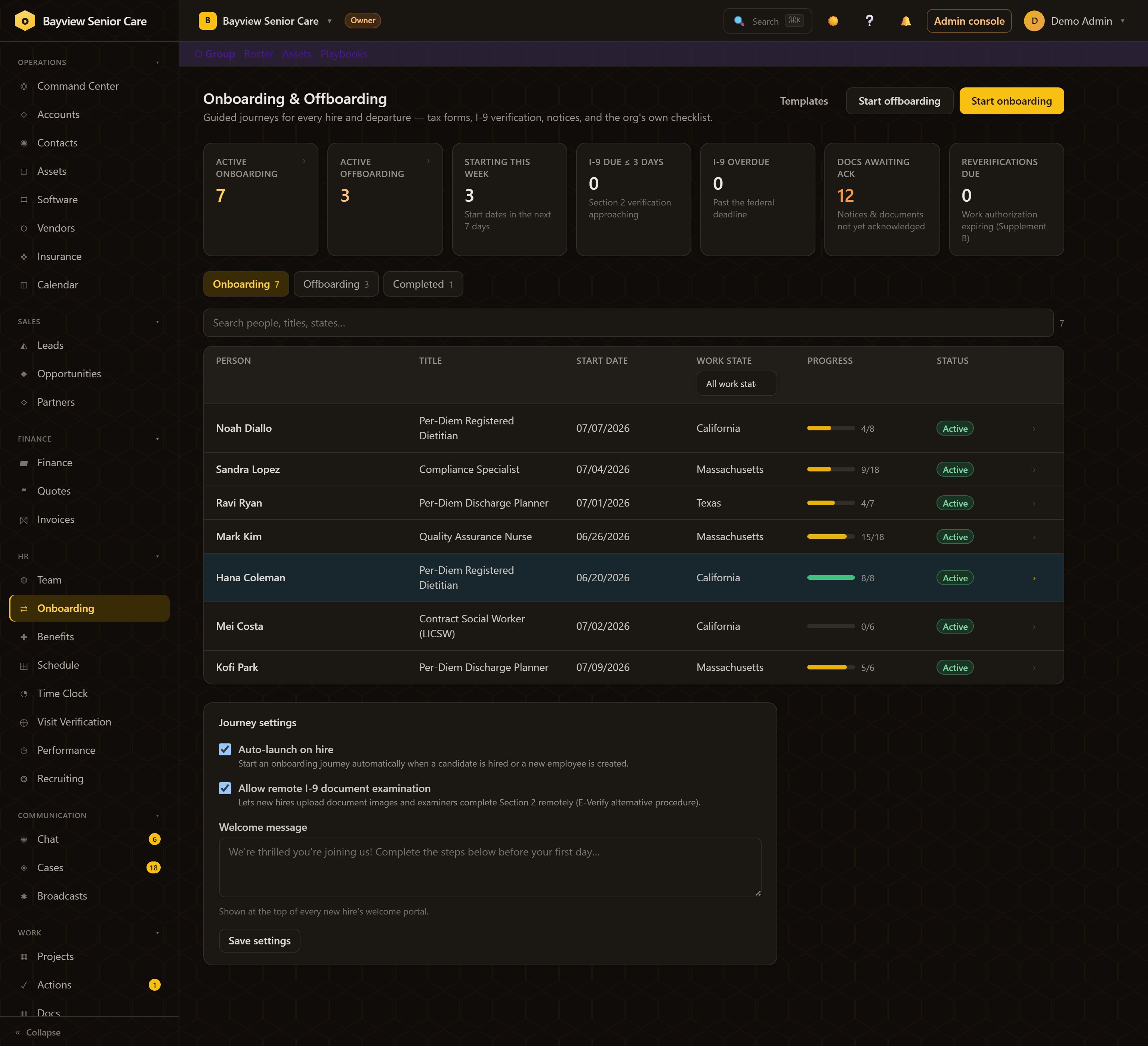 The Onboarding & Offboarding hub: 7 active onboardings, 3 offboardings, I-9 deadline counters, 12 documents awaiting acknowledgment, and a journey table with per-person progress bars