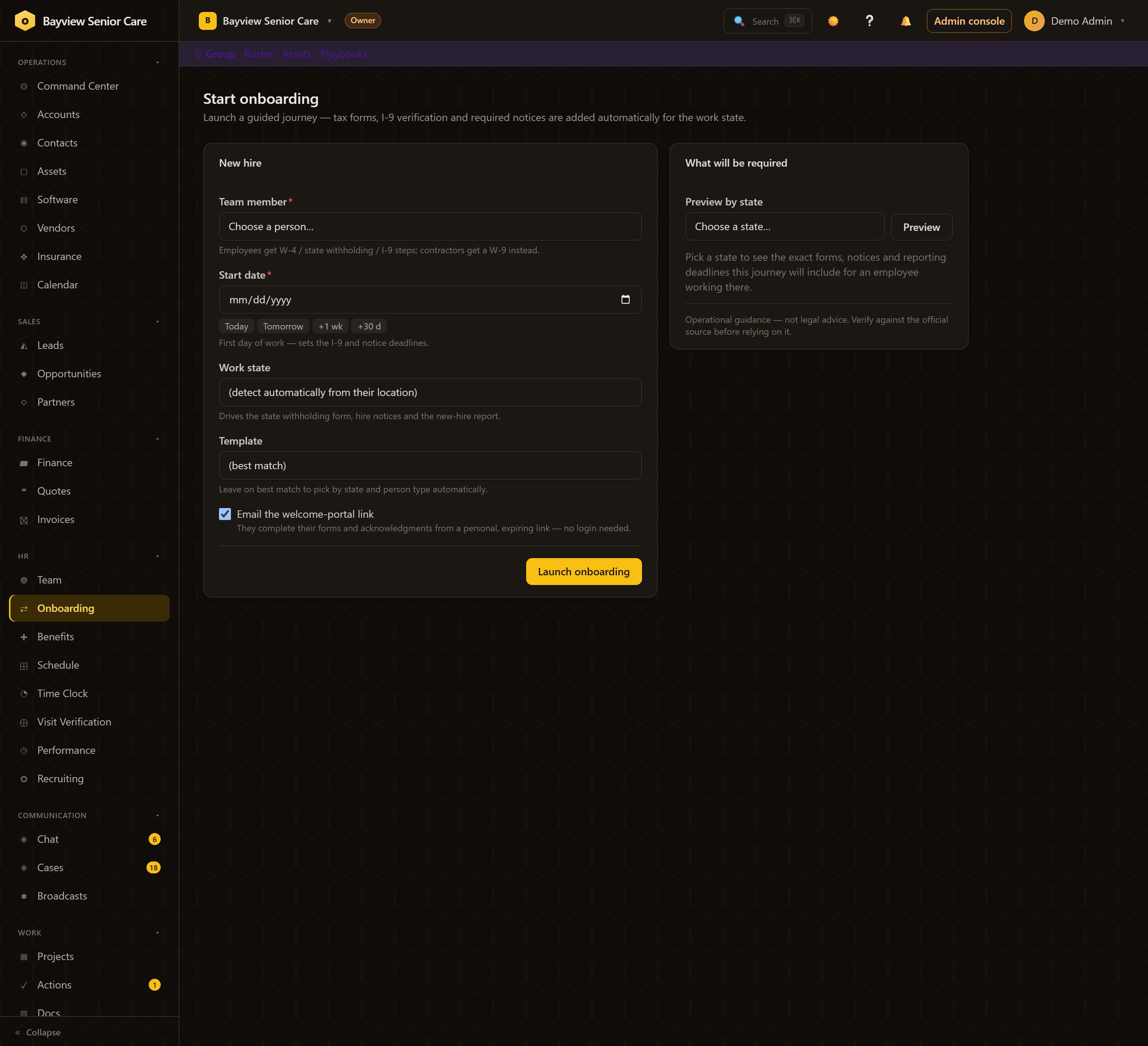 The Start onboarding wizard: person picker, start date, work state detected automatically, template on best match, welcome-portal email toggle, and a preview-by-state panel