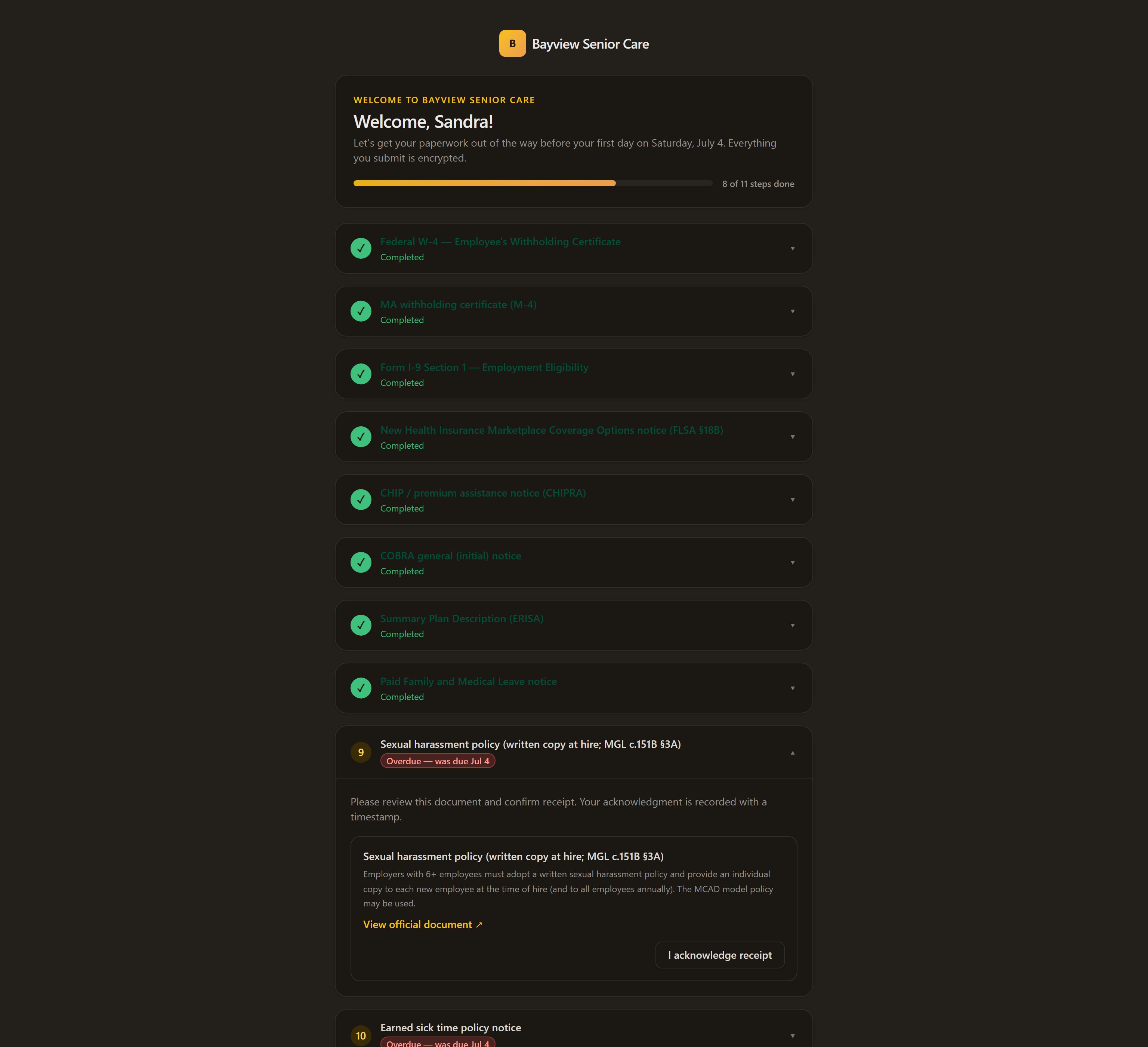 A new hire's welcome portal: a progress bar at 8 of 11 steps, completed W-4, state withholding and I-9 Section 1 steps, and a notice open for acknowledgment