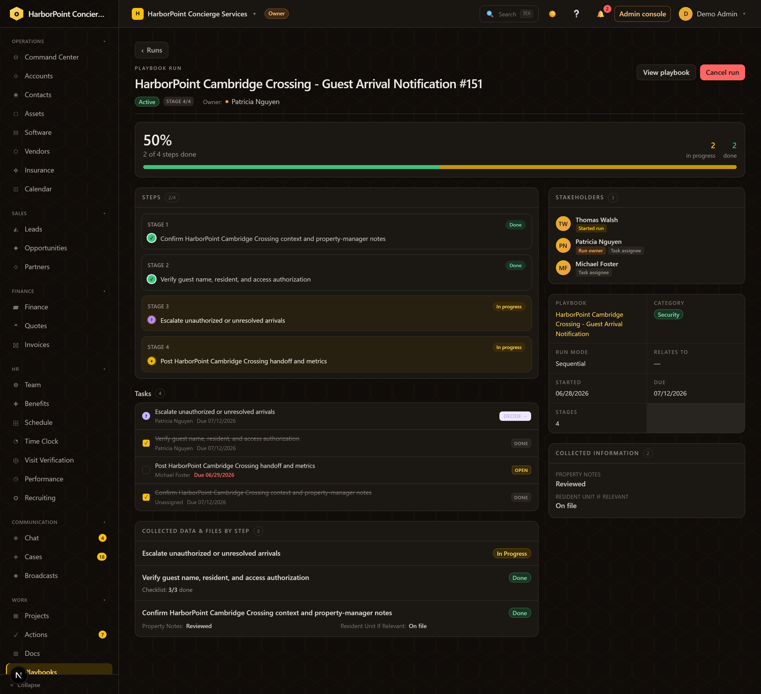 Inside a live run: staged steps with done and in-progress states, a DECIDE task, assignees with due dates, stakeholders, and data collected per step